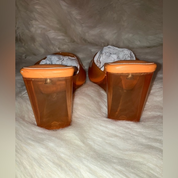 Torrid Sandal Orange Lucite Clear Heels Wedge Mule Slide - Picture 6 of 11